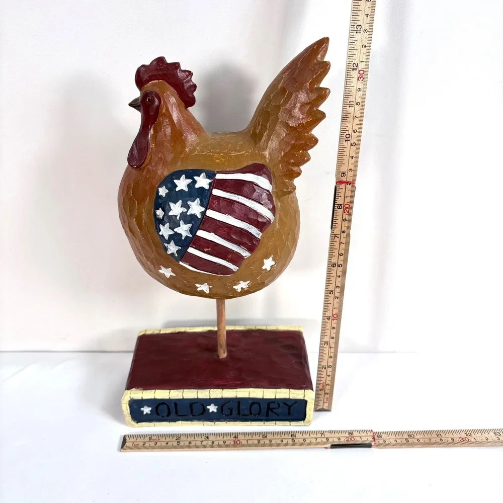 Carved Wood Rooster Figurine Brown Americana Old Glory‎ Patriotic Stars Stripes
